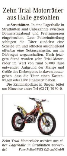 Zehn Trial-Motorräder aus Halle gestohlen